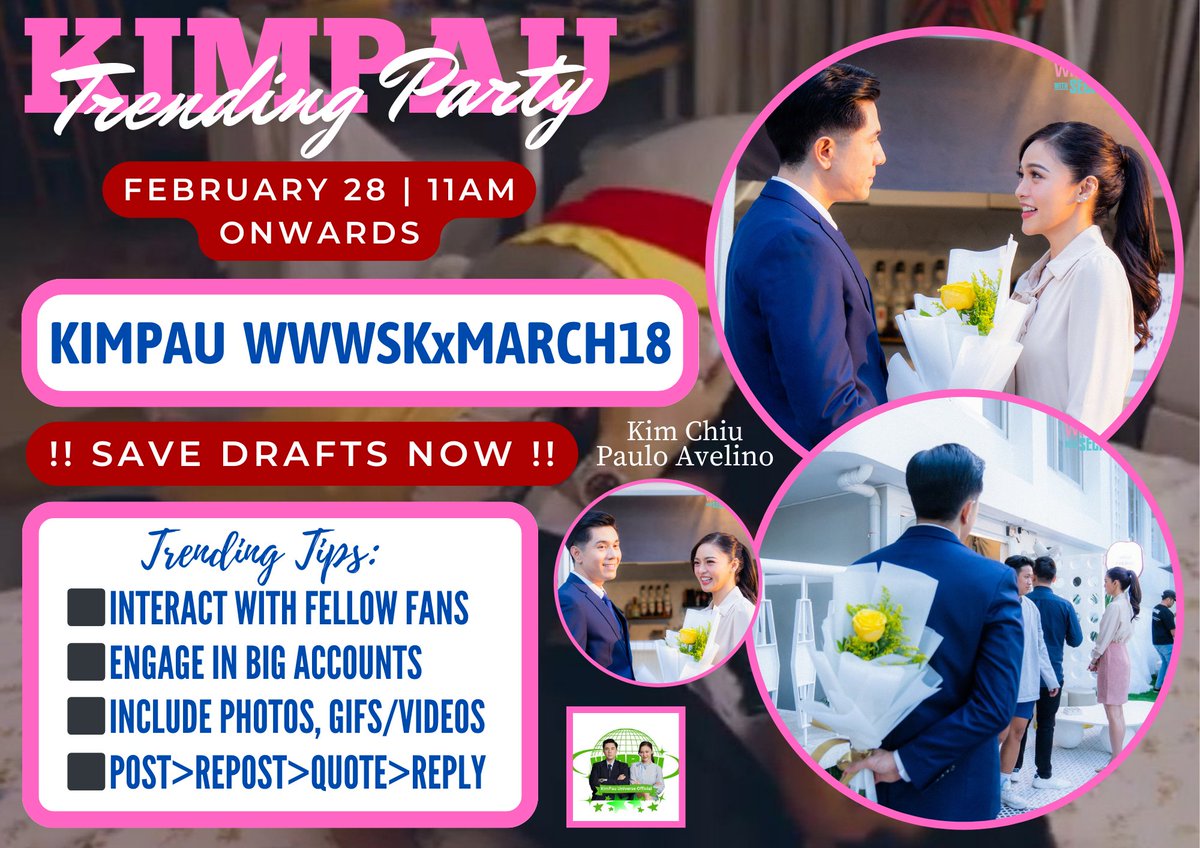 ChaNcy24's tweet photo. Hello, fam! We will be having a TP for WWWSK.
Trending party starts at 11AM. See you later! 
‼️ Please save drafts as many as you can‼️

Thank you:)

TAGLINE:
KIMPAU WWWSKxMARCH18

Kim Chiu and Paulo Avelino
#KimPau #PauloAvelino #KimChiu https://t.co/xzpZGa5CM7