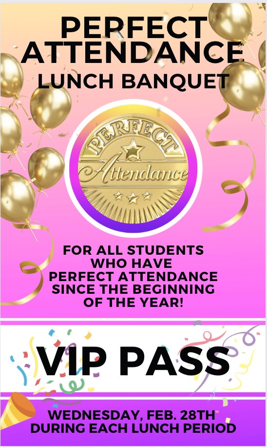 Looking forward to seeing all our Perfect Attendance students at their lunch banquet tomorrow! Congratulations for being here every single day since the beginning of the year! #AttendanceMatters @RubinaJurado_MV @cynunez17