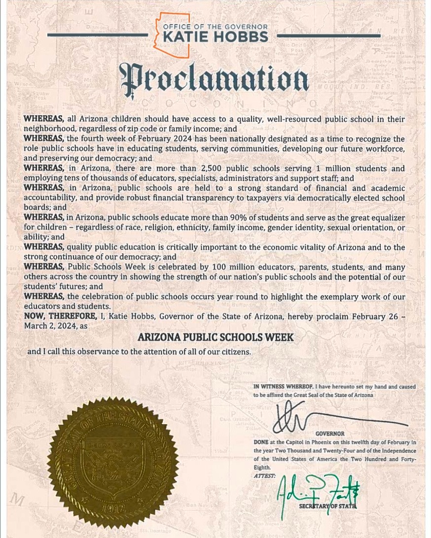 🍎🥳 Thank you @GovernorHobbs for declaring this week Arizona #PublicSchoolsWeek! “All AZ children should have access to a quality, well-resourced public school in their neighborhood regardless of zip code or family income.” #PublicSchoolProud #AZLovesPublicSchools #PSW24