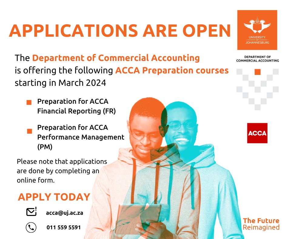 Ready to elevate your career with ACCA preparation courses at UJ? Explore our offerings in Financial Reporting and Performance Management. Apply now:
New Applicants: tinyurl.com/42hmfv38
Returning Students: tinyurl.com/26a7mhvr

#ujdca #UJComAcc #ACCA #UJAllTheWay #SOA