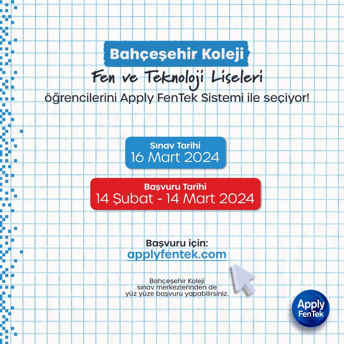 📣Bahçeşehir Koleji Fen ve Teknoloji Liseleri Kabul Sınavı için #SıraSende

Şimdi Başvur 👉🏻 applyfentek.com

#ApplyFenTek
