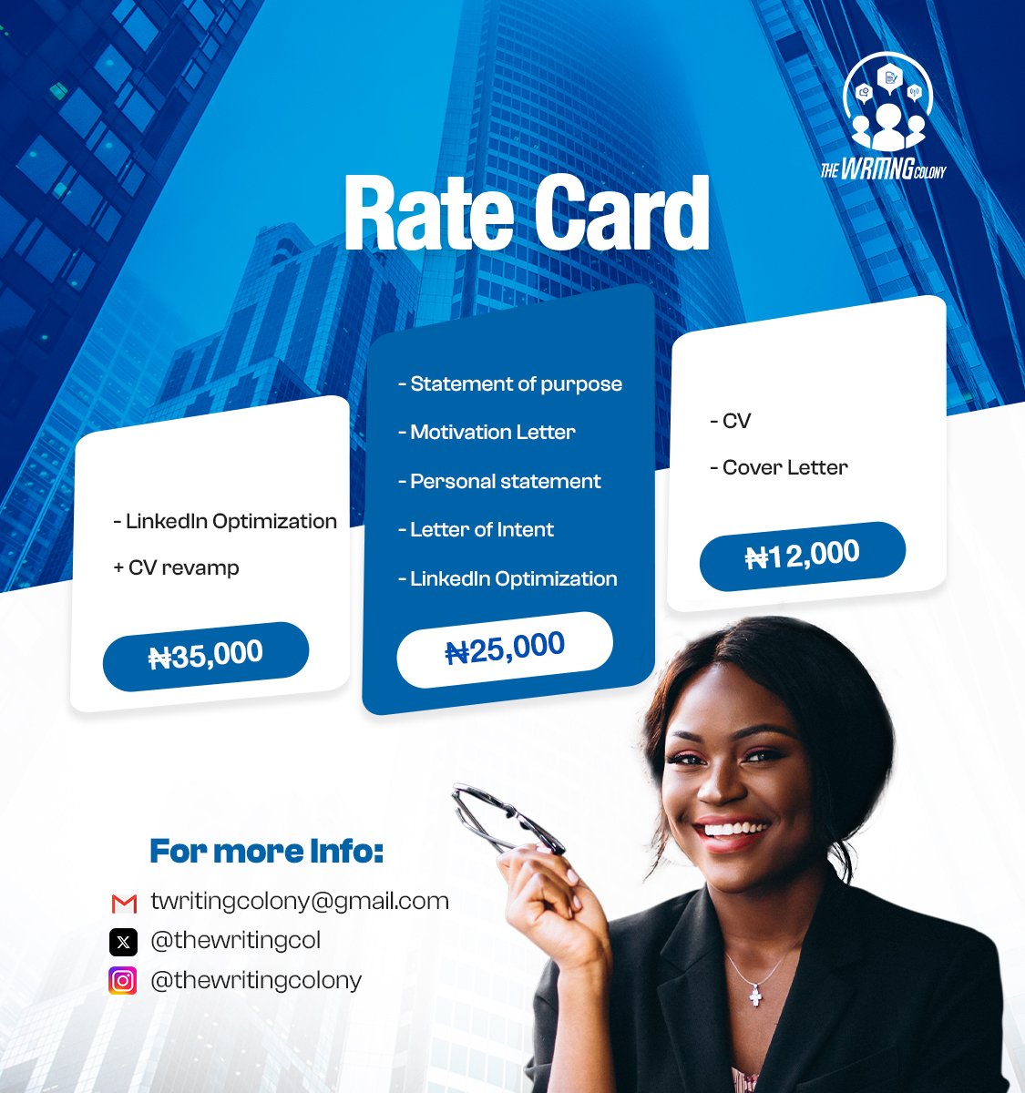 ThewritingCol's tweet photo. Introducing our new rates!
Send us a dm for any of our services listed below!
#writerscommunity #JAPA #SOP #CV #writersoftwitter https://t.co/YkQ8EG9Xhh