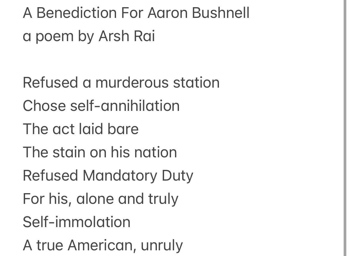 A new poem. 

#poetry #poems #poet #creativewriting  #PalestineLivesMatter  #poetrylovers #CanadianPoet    #AaronBushnell #SaveGazaFromHunger  #poetrytwitter  #spilledink #wordsofwisdom #writer #Gazagenocide‌ #CeasefireNOW