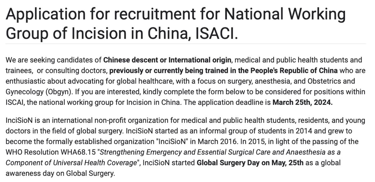 We are getting excellent applications from passionate medical trainees to join ISCAI aka InciSioN China National Working Group! Don't wait, apply today! docs.google.com/forms/d/e/1FAI… 📷 Deadline: March 25, 2024, 11:59 pm GMT. #TheFutureOfTheOR #SoMe4Surgery #InciSIoN