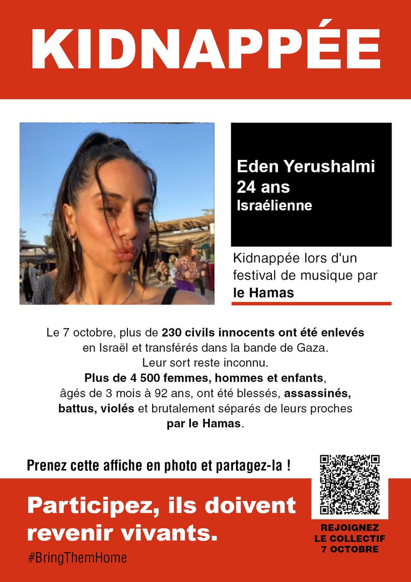 145 jours depuis ce maudit #7octobre. Eden Yerushalmi est #otage des terroristes du #Hamas. Nous craignons le pire pour elle car les femmes ont subi des #viols le jour même ou à Gaza #crimescontrelhumanite #BringThemHomeNow #StopHamas