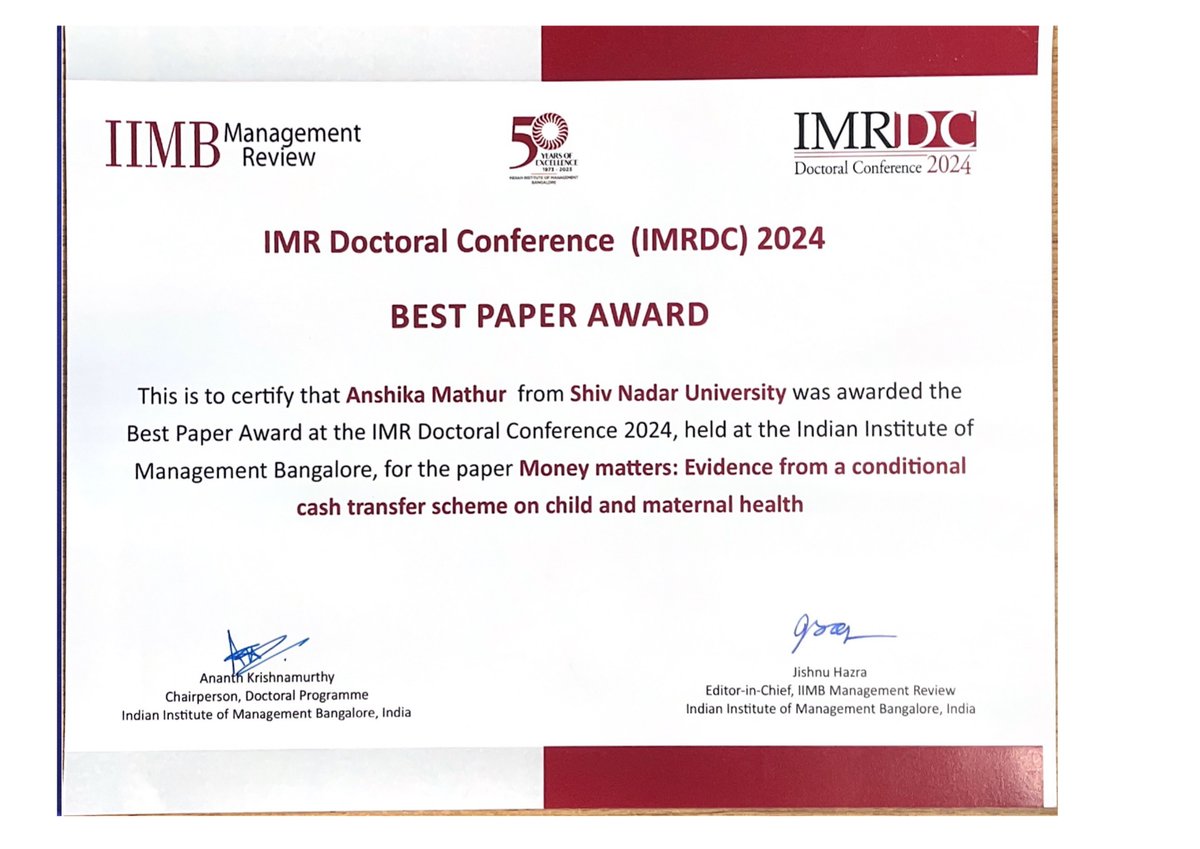 Economics Department, Shiv Nadar IoE (@economicsshiv) on Twitter photo Shiv Nadar IoE, Department of Economics pleased to announce that our Ph.D. student, <a href="/Anshika__Mathur/">Anshika Mathur</a>, has been awarded the certificate for the Best Paper at the prestigious #IMRDC2024Conference! Shiv Nadar IoE, Department of Economics pleased to announce that our Ph.D. student, <a href="/Anshika__Mathur/">Anshika Mathur</a>, has been awarded the certificate for the Best Paper at the prestigious #IMRDC2024Conference!