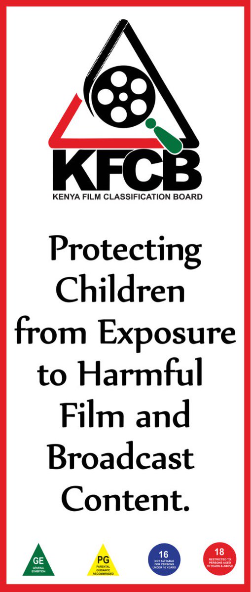 InfoKfcb's tweet photo. #FactsAboutKFCB: The Kenya Film Classification Board (KFCB) is a State Agency under the Ministry of Youth Affairs, Creative Economy and Sports, mandated by the Films and Stage Plays Act Cap 222 of the Laws of Kenya to regulate the creation, broadcasting, possession, distribution, and exhibition of film and broadcast content.

Regulation of film and broadcast content is meant to ensure that content meant for public exhibition conforms to Kenya’s culture, moral values, and National aspirations, as well as to protect children from exposure to inappropriate content.

Regarding the Watershed Period (5 am -10 pm), the Kenya Information and Communications Act (KICA), requires all broadcasters to ensure that audio-visual content meant for public exhibition is examined and classified by KFCB.

Film and broadcast content examined and classified by KFCB is rated as: GE (General Exhibition), PG (Parental Guidance Recommended), 
16 (unsuitable for persons under the age of 16), 18 (Restricted to adults only) and Restricted/banned.

In examining and classifying film and broadcast content, the KFCB is guided by  classifiable elements among them: violence and crime, sex, obscenity and nudity, occult and horror, drugs, alcohol and other harmful substances, religion and community and propaganda for war, hate speech and incitement.

Further, Cap 222, mandates KFCB to register and license film agents, local and international filmmakers, distributors, and exhibitors, as well as to give consumer advice by empowering film and broadcast content consumers with the knowledge to make informed choices.

The KFCB advises content creators to acquire the requisite licenses for the creation, distribution, possession, and exhibition of film and broadcast content that is meant for public consumption.

In collaboration with relevant stakeholders, KFCB remains committed to protecting children and vulnerable adults from exposure to inappropriate content, while ensuring a facilitative regulatory environment aimed at spurring the growth of the Creative Economy in line with the Fifth Pillar of the Bottom-Up Economic Transformation Agenda (BETA) and the Talanta Hela Initiative. @AbabuNamwamba @moyasa_ke @SDY_Ke @NellyMuluka