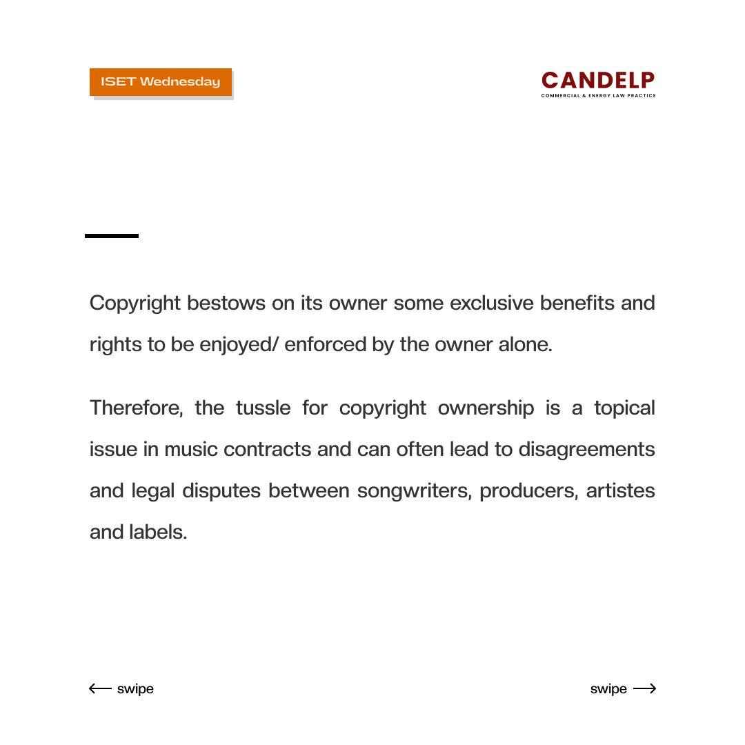 CandelpLaw's tweet image. ISET WEDNESDAY
Who Bears the Rights to a Soundtrack; Producer or Song Writer?

Copyright bestows on its owner some exclusive benefits and rights to be enjoyed/ enforced by the owner alone.

#copyright #copyrightAct #musicindustry #intellectualpropertylaw