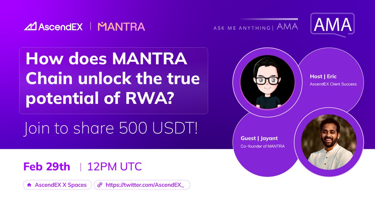 🚀We’ll be hosting a Twitter space with @MANTRA_Chain!!! ⏰Feb 29th at 12 PM UTC 🎁Join to share 500 USDT! 💰25 Winners 🎉To Enter: ✅Follow @MANTRA_Chain & @AscendEX_ ✅Like & RT + Tag 3 friends ✅Join the Space👉twitter.com/i/spaces/1jMKg… ✅Comment a question👇