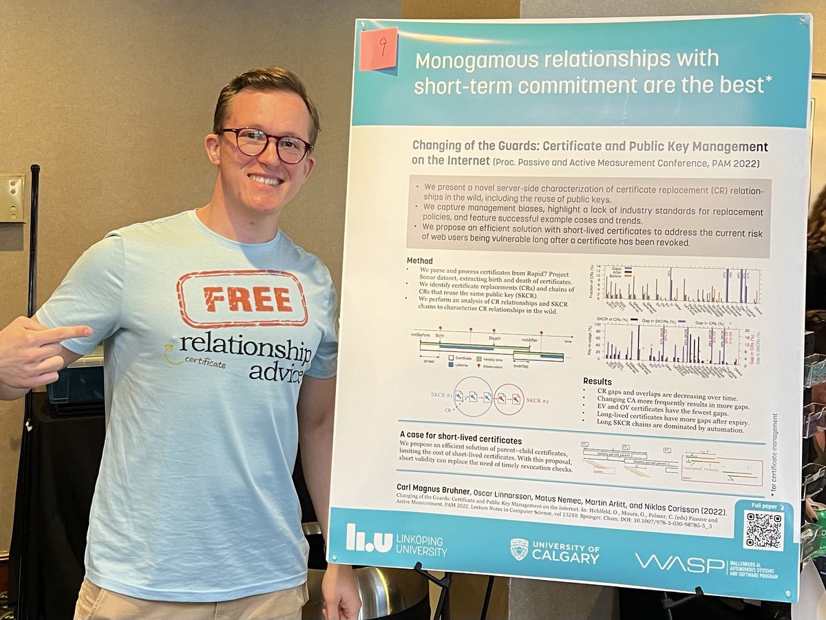 Presented my very first poster today at @NDSSSymposium 2024, giving free (certificate) relationship advice based on our PAM 2022 paper. #NDSSSymposium2024 Poster: ndss-symposium.org/wp-content/upl… Paper: ida.liu.se/~nikca89/paper… DOI: doi.org/10.1007/978-3-…