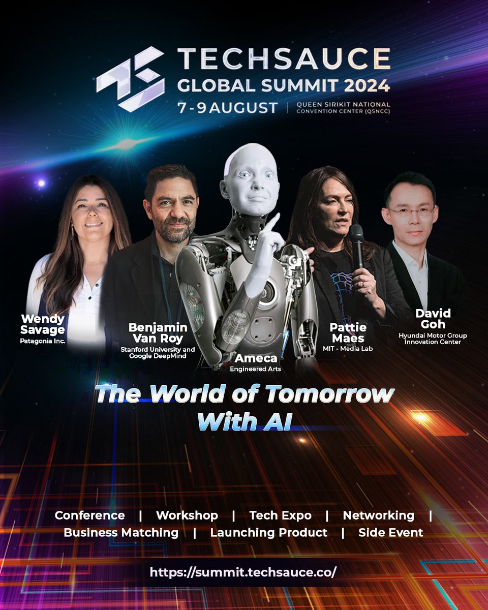 Techsauce Global Summit 2024: The World of Tomorrow with AI
.
Dive into the 5 key AI pillars that executives, organizations, entrepreneurs, governments, and you need to know:
.
🤖 AI for Growth: Power of AI in Business growth and efficiency
🤖 AI for Good: How AI drives positive