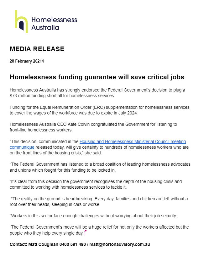 Great news that our advocacy with great allies @ASUnion @ACOSS @CHIA_News @NationalShelter @CHPVic @HomelessnessNSW @NTShelterInc @shelterwa @ShelterTasmania @ShelterSa @ACTShelter has resulted in @JulieCollinsMP guaranteeing federal homelessness funding will not decrease.