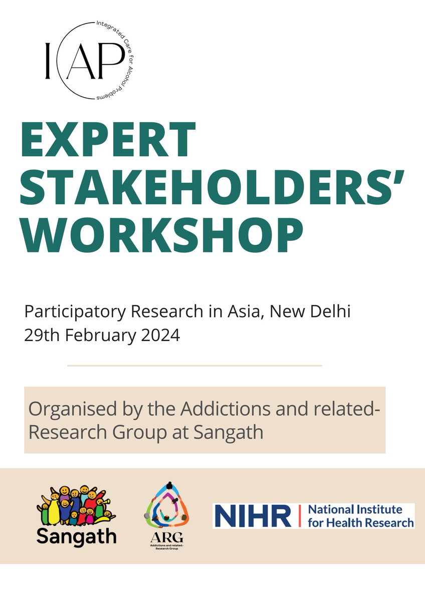 Excited to host the first Consultation Workshop, for our new project 'Integrated Care for Alcohol Problems- iCAP' , with addiction experts based in New Delhi tomorrow at @PRIA_India @abhiloquacious @urvitabhatia @miriamseq @atulambekar @SangathIndia @NIHRglobal