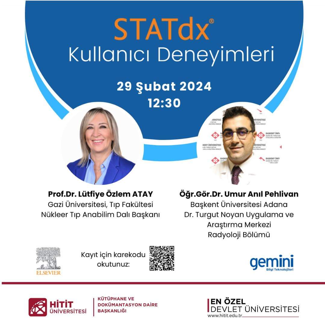 Elsevier Radyoloji Karar Destek Sistemi STATdx hakkında 29 Şubat Perşembe günü saat 12.30'da online eğitim düzenlenecektir. Eğitim kayıt erişim için kutuphane.hitit.edu.tr/duyurular/2024… adresini ziyaret ediniz. #HititÜniversitesi #HititKütüphane #Elsevier #STATdx #radyoloji