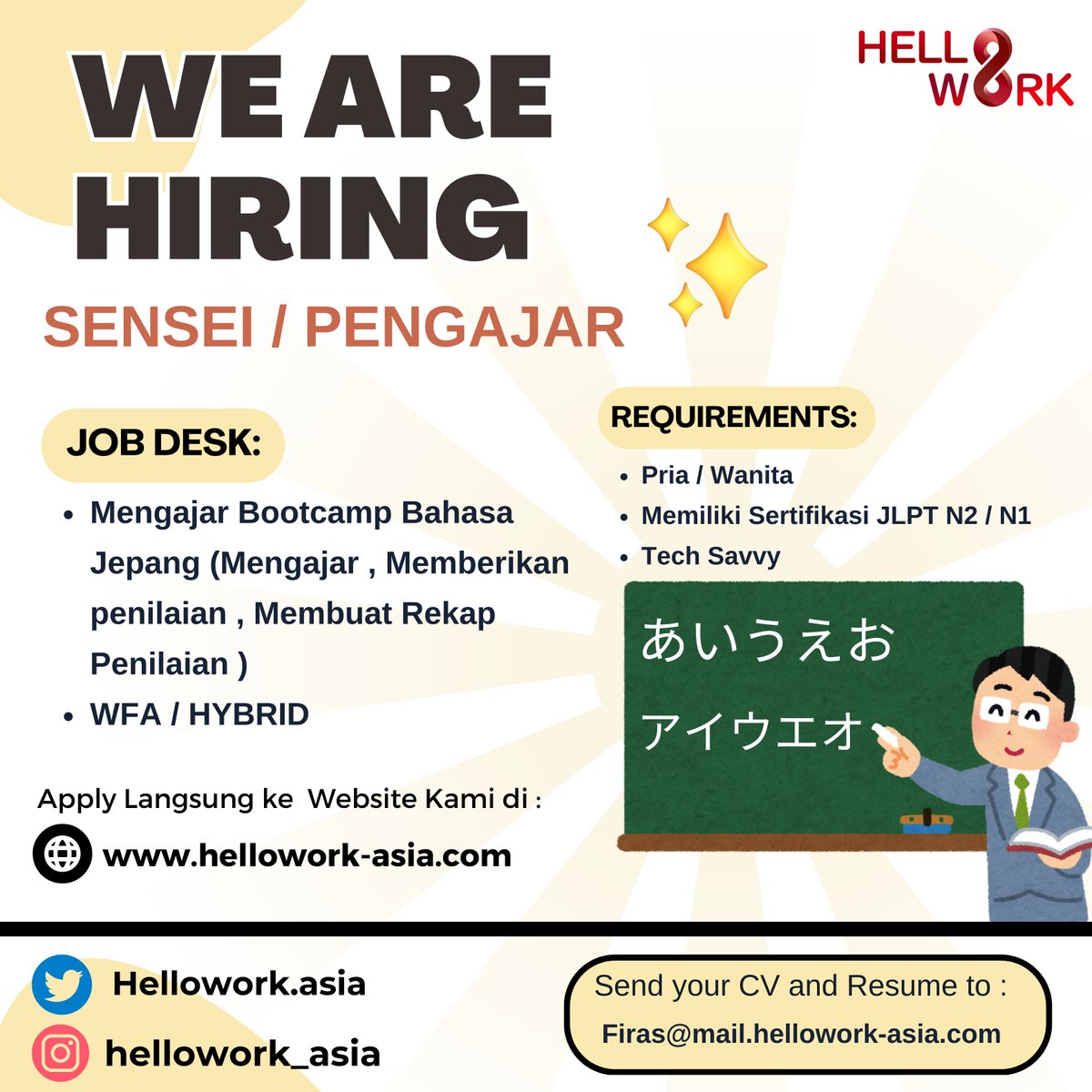hellowork_asia's tweet photo. Halo Helloworkers, dibutuhkan LOKER untuk Sensei/Pengajar dengan sistem mengajar WFA / Hybrid.

Silakan mengirim CV &amp; sertifikat lengkap ke email :  Firas@mail.hellowork-asia.com atau apply langsung ke website: https://t.co/8xGRl6I7R7 https://t.co/oBcFlRN3qR