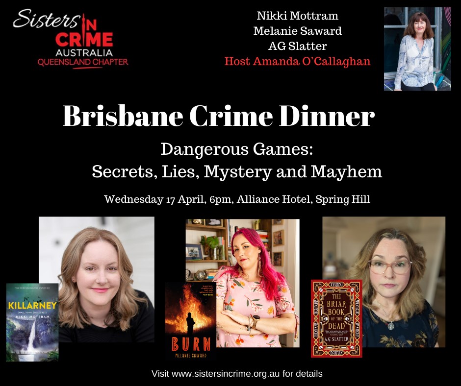 We've been working hard behind the scenes with @SistersinCrimeA to organise some crime writing events here in Brisbane. Very excited that this is happening, big thanks to the all star lineup - @nikkimottram Melanie Saward @AngelaSlatter with host @ocallaghanac Booking link in 🧵