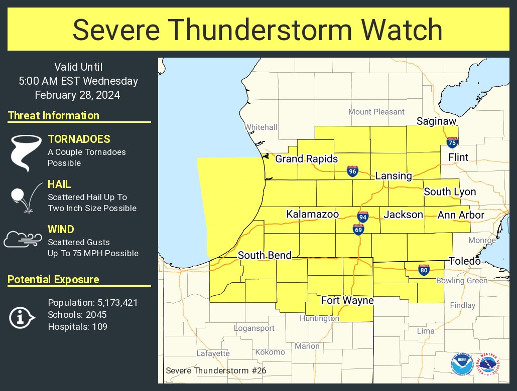 NWSGrandRapids's tweet photo. A severe thunderstorm watch has been issued for parts of Indiana, Michigan and Ohio until 5 AM EST https://t.co/aPNezM3Xmx