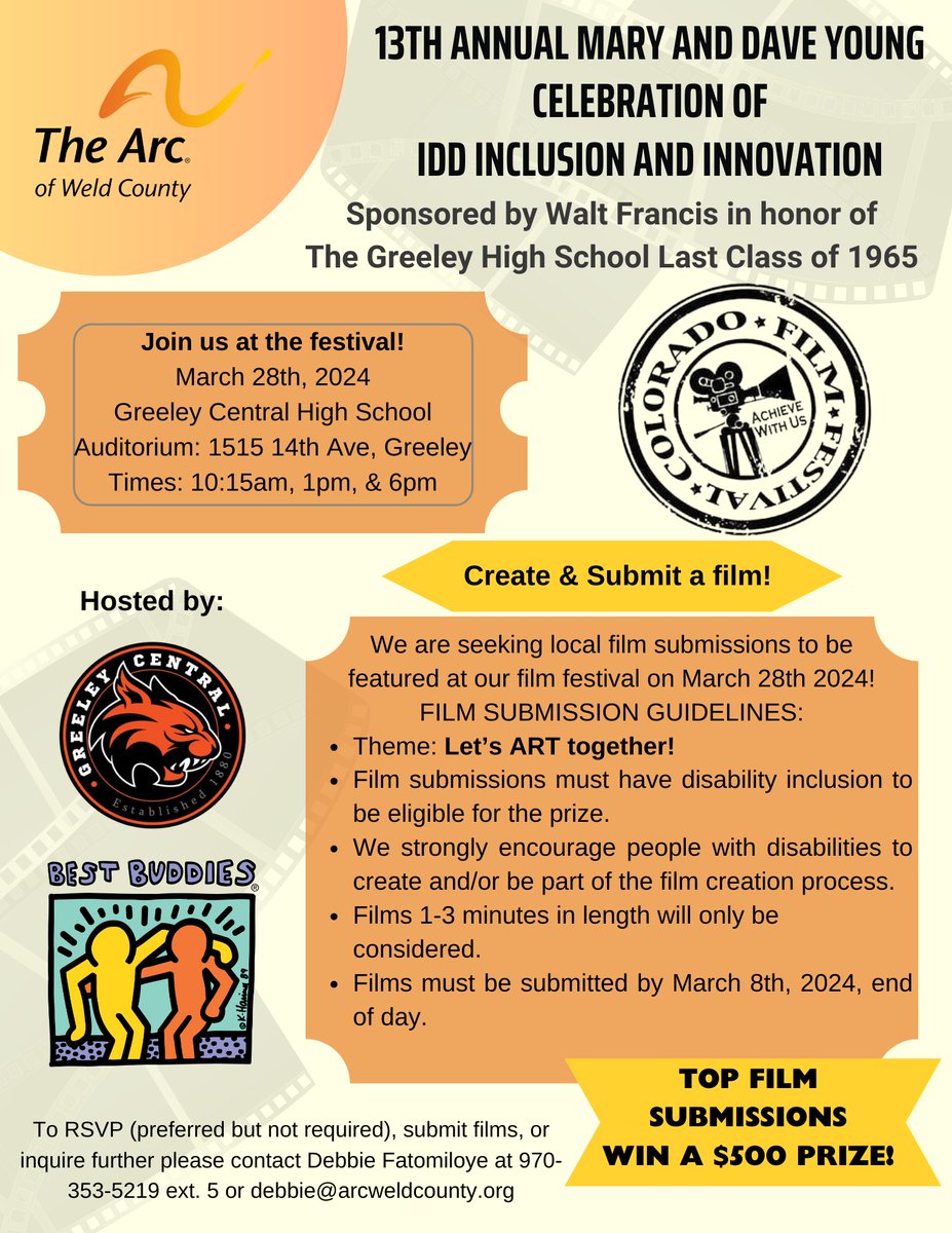 The Arc of Weld County Film Festival is just around the corner, and we want YOU to be a part of it! 🌟
📽️Calling all aspiring filmmakers and storytellers: Submit your masterpiece to the Arc of Weld County Film Festival for a chance to showcase your talent and win $500! 🤑✨