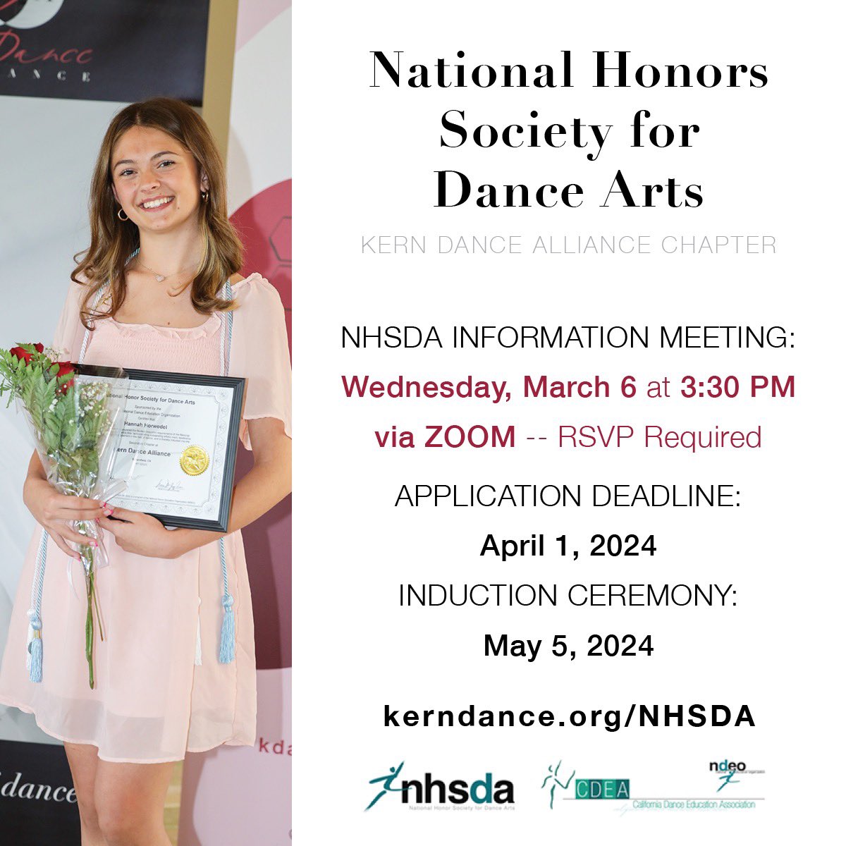 Calling all Kern County performing arts high school students - you are invited to apply to become a National Honors Society for Dance Arts™ (NHSDA) inductee! Join the NHSDA Information Meeting via Zoom: Wednesday, March 6 @ 3:30 PM to learn more! 🔗 kerndance.org/NHSDA