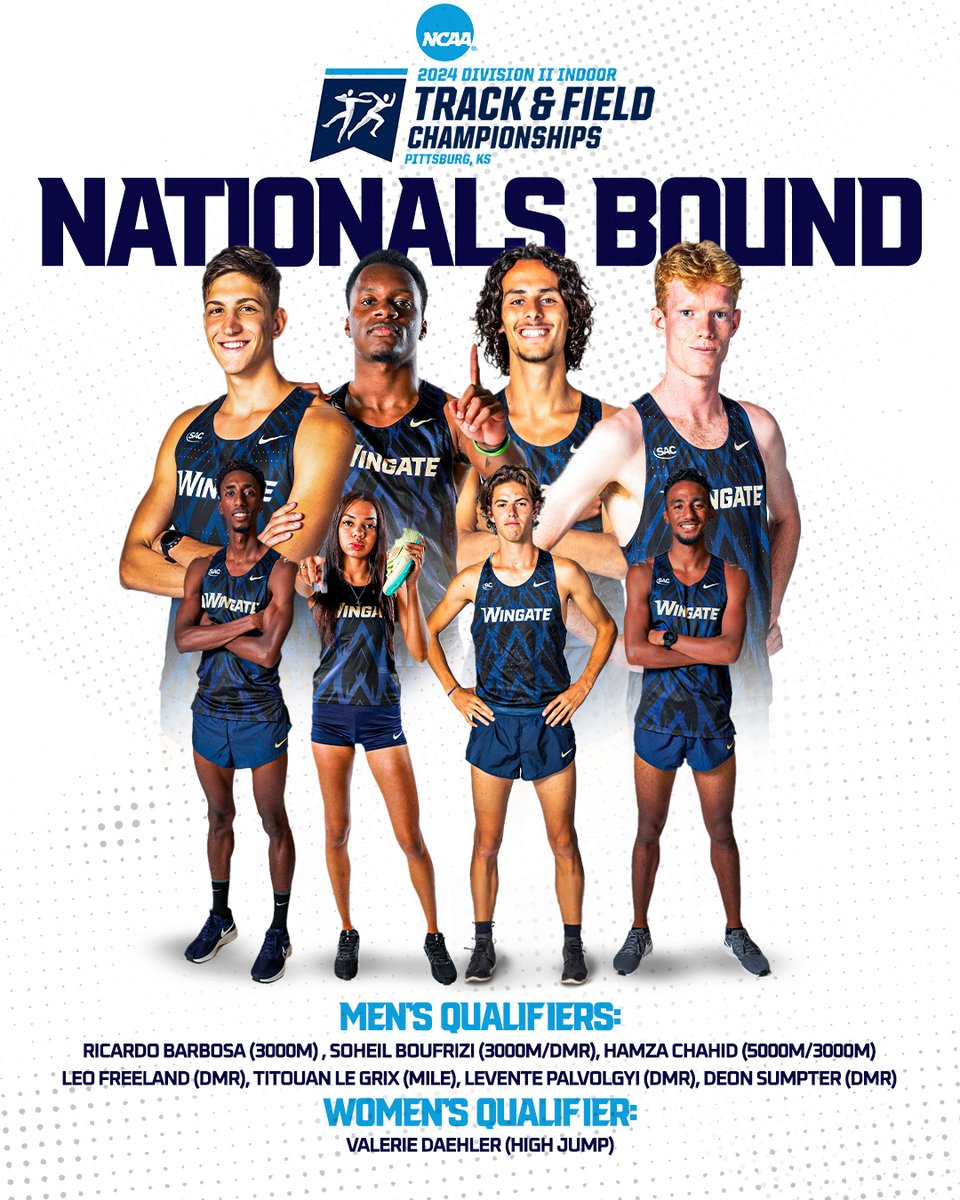 NATIONALS BOUND!! SAC champs @Wingate_XCTF will send eight student-athletes to the @NCAADII Indoor National Championships! The Indoor championships will be March 8-9 in Pittsburg, Kansas Story | shorturl.at/ltxWZ #OneDog