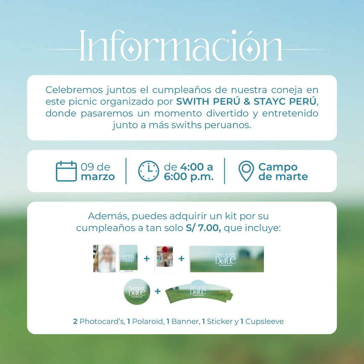 🎂🎉 PICNIC: 𝗦𝗨𝗠𝗠𝗘𝗥 𝗗𝗔𝗧𝗘 𝗪𝗜𝗧𝗛 𝗦𝗨𝗠𝗜𝗡🫶 

¡SWITH~! 
Junto a <a href="/staycperufb/">STAYC PERÚ</a> celebraremos el cumpleaños de nuestra mamá coneja #SUMIN 🐰🥳🎉 

🏞 LUGAR: CAMPO DE MARTE 
🗓 DIA:  SÁBADO 09 de MARZO 
⏰ HORA: 4PM-6PM

🎟 confirma tu asistencia
forms.gle/dW3YkgGTpYRVCD…