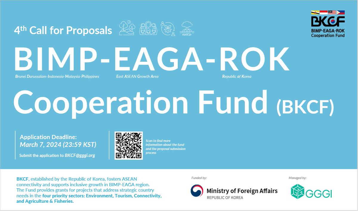 📢 #CallforProposals: We're delighted to announce the kickoff of the 4th Call for #BKCF (BIMP-EAGA-ROK Cooperation Fund)!✨ Do you have a project that will positively impact the #BIMP 🇧🇳🇮🇩🇲🇾🇵🇭 region? Don't miss out on this incredible opportunity! 👉 gggi.org/global-program…
