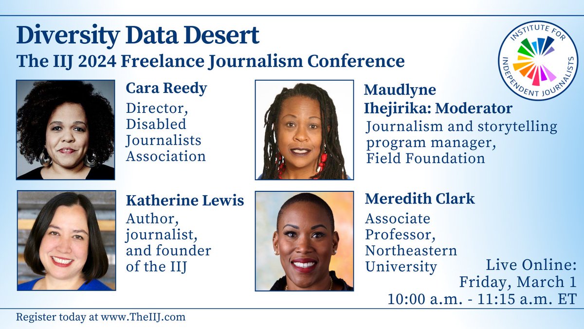 Join us for a deep dive on data about the diversity of the journalism workforce with <a href="/infamouslyshort/">Cara Reedy</a> of <a href="/discojourno/">Disabled Journalists Association</a>, Meredith Clark of <a href="/Northeastern/">Northeastern U.</a>,
<a href="/KatherineLewis/">Katherine X Lewis 雪 怡 (she/her)</a> of <a href="/The_IIJ/">The Institute for Independent Journalists</a>, and <a href="/maudlynei/">Maudlyne Ihejirika</a> of
<a href="/FieldFoundation/">Field Foundation</a> at #IIJ24 Register: theiij.com