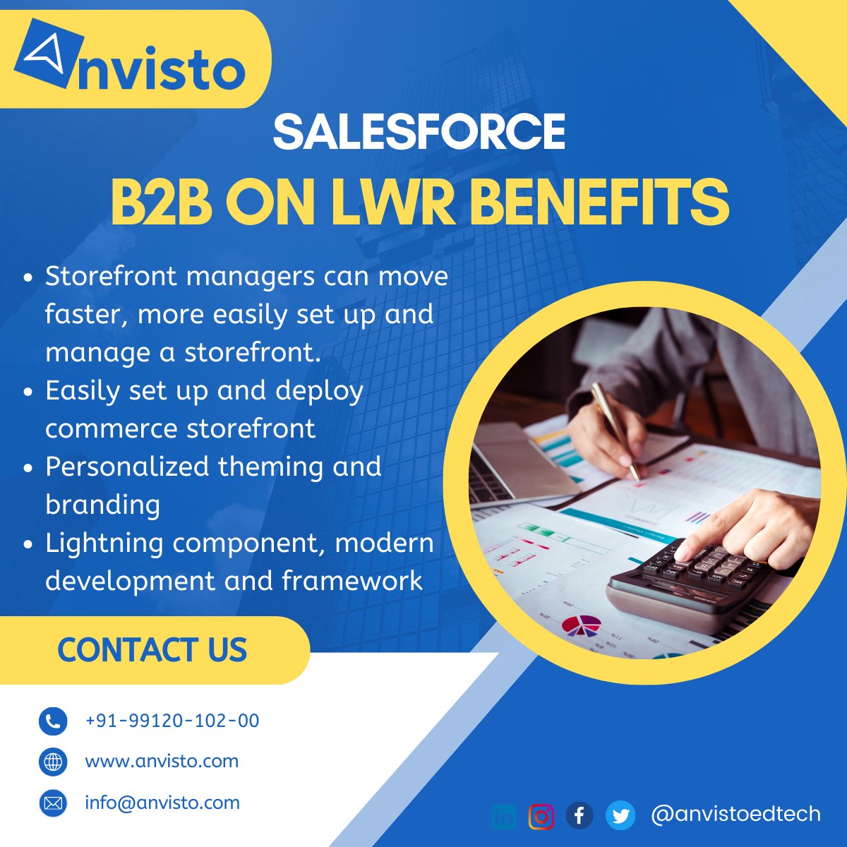 For Salesforce B2B Commerce Cloud (LWR) Corporate Training with official lab reachout to us on +91-99120-102-00
info@anvisto.com, anvisto.com

Anvisto Tech EdHub

#anvisto #salesforce #trainer #corporatetraining #corporate #salesforceb2b #salesforceb2c #salesforcelwc
