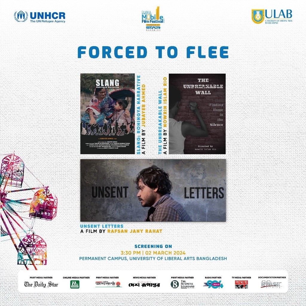 UNHCR_BGD's tweet photo. Come to @ULABian campus this Saturday to see 3 short 🎦films on people #ForcedToFlee &amp; how others perceive them.

From 2-3 March, Dhaka Int'l Mobile Film Festival (DIMFF) 2024 will screen 20 selected films submitted from across the 🌎 https://t.co/0RPXeewPDq