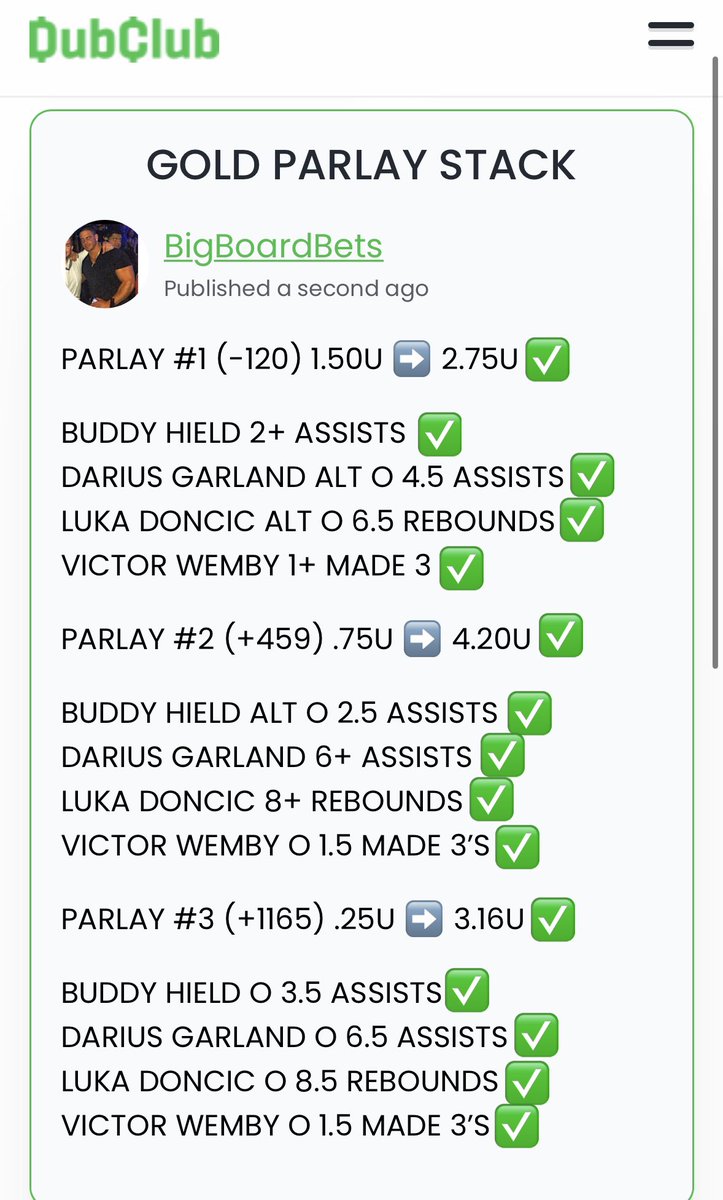 SGP_Vick's tweet image. GOLD PARLAY STACK ✅✅✅✅✅

We were so focused on the +25000 play. Didn’t even realize we cash these!!!

-120 ✅
+459 ✅
+1165 ✅