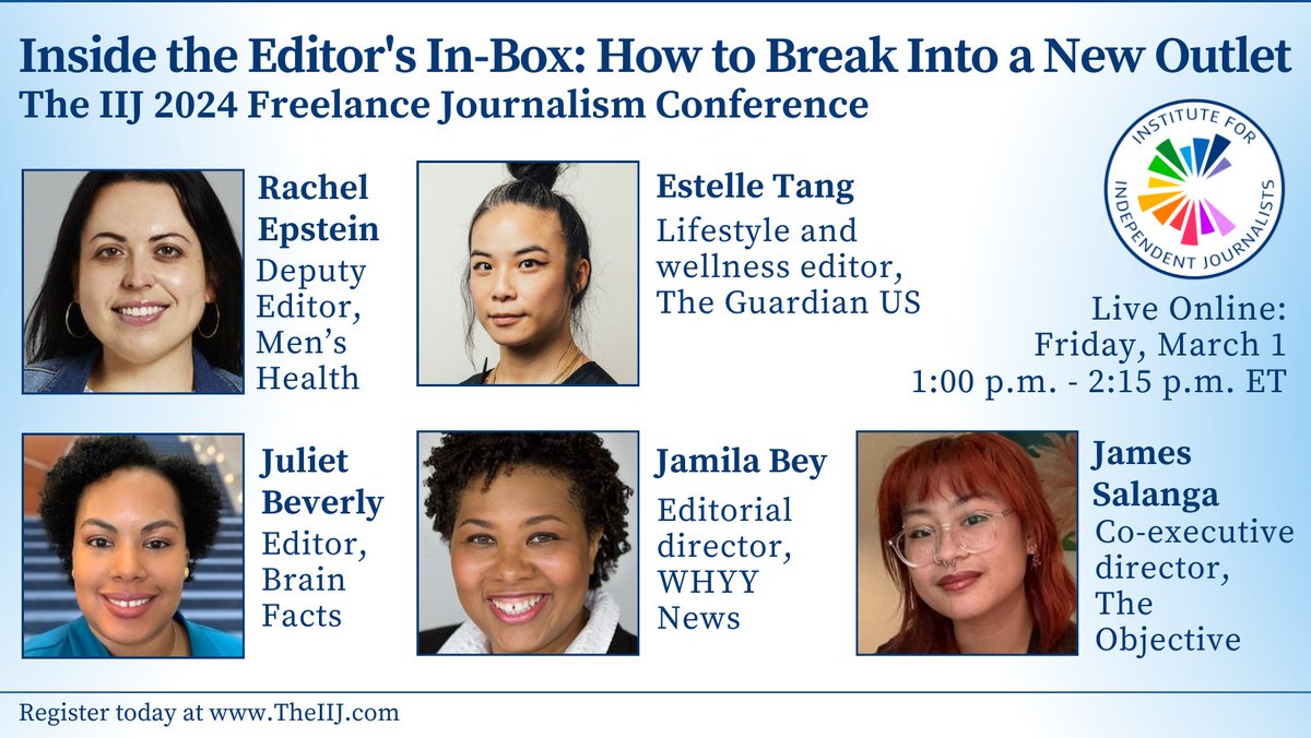 Register for #iij24 conference today & hear from a panel of editors what they want in contributors: theiij.com/sessions-24 Speakers: @waouwwaouw of @guardian @rachelepstein_ of @MensHealthMag @julietmbeverly of @Brain_Facts_org James Salanga of @ObjectiveJrn @jbey of @WHYYNews…