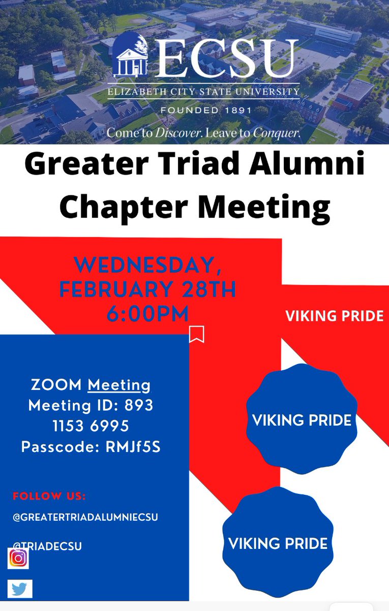 We will host our 1st chapter meeting of the year tomorrow, Wednesday, February 28th at 6pm. Dr. Carol Montague Davis our new Chapter President will lead the charge! 💙🤍 #VikingPride3x <a href="/CfMontague/">Carol Montague-Davis</a> <a href="/ecsu_naa/">ECSU National Alumni</a> <a href="/ECSU/">Elizabeth City State University</a> <a href="/TriadEcsu/">ECSU Greater Triad Alumni Chapter</a>