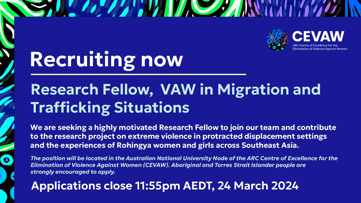 CEVAW (@_cevaw) on Twitter photo 📢Apply now to be a #ResearchFellow under the guidance of <a href="/binadcosta/">Bina D'Costa</a>.
Contribute to the development of a #VAW community knowledge prevention network across the Indo-Pacific and globally that can translate research into policy change.
📷: jobs.anu.edu.au/jobs/research-… 📢Apply now to be a #ResearchFellow under the guidance of <a href="/binadcosta/">Bina D'Costa</a>.
Contribute to the development of a #VAW community knowledge prevention network across the Indo-Pacific and globally that can translate research into policy change.
📷: jobs.anu.edu.au/jobs/research-…