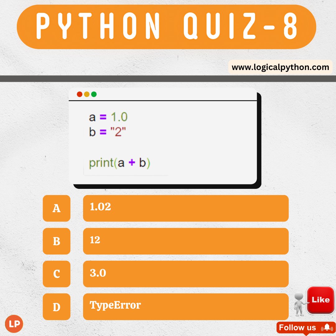 kodegurukul's tweet image. Python Quiz. What is the answer of the below question?

#Python #Programming #Coding #pythonprogramming #100DaysofCode