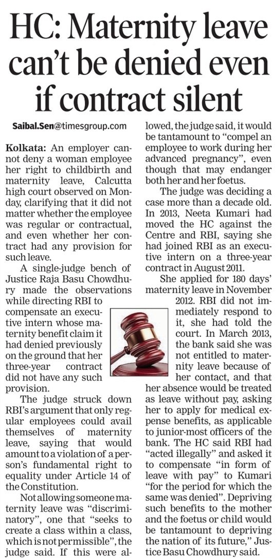 #Kolkata High court ask #RBI to give maternity benefits to contract employee as well,as per 'Fundanental Right to equality under article14' we cant discriminate full time & contract employee in case of her #MaternityLeaves #FemaleEmployees #HR #ITfirms plz take a note of this🤝