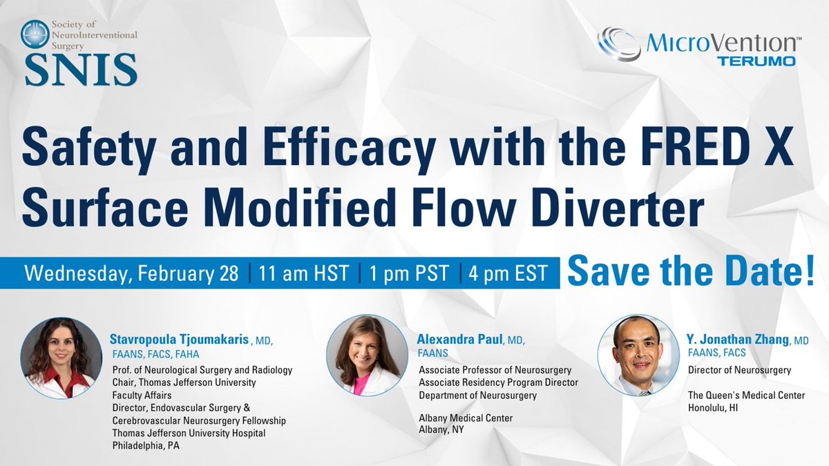 Its almost too late! Don’t miss today's SNIS webinar discussion on the safety and efficacy of the FRED X surface modified flow divertor with @AlexandraPaulMD @StavTjoumakaris and Y. Jonathan Zhang, MD. Today! Wed Feb 28, 4pm ET. Register here bit.ly/3IbJBUA