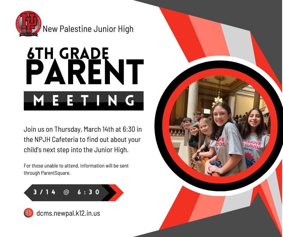 Be In The Know! Parents of 6th Graders…SAVE THE DATE! Parent Information meeting on March 14th @ 6:30 in the NPJH Cafeteria. @SouthernHancock @NPIntermediate @MelissaHurstNPJ @MrsHeddenNPJH #newpalproud