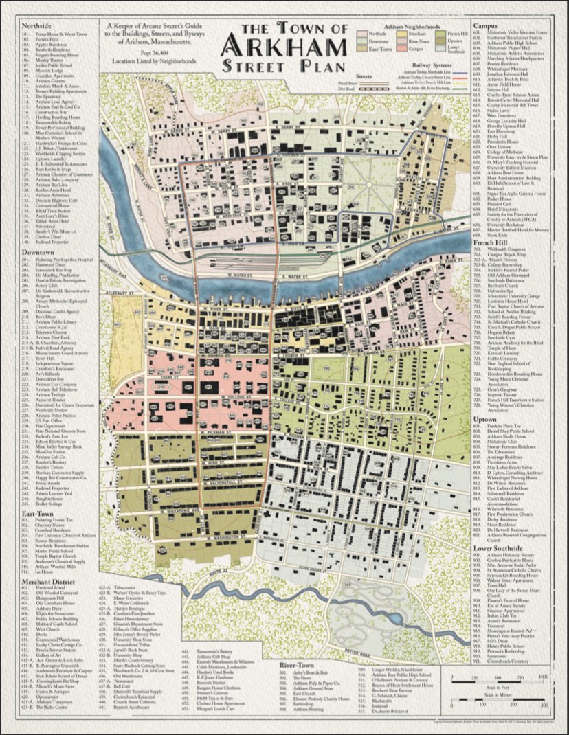 Chaosium_Inc's tweet photo. When you purchase our new Arkham book at @DriveThruRPG, in addition to the 272 page PDF you get to download:
– The Arkham Advertiser: full sized newspaper created by @hplhs 
– Four poster-sized Arkham Maps
– Arkham NPC Portraits
– Arkham Floorplans—both Keeper and Player versions https://t.co/kYGWM1sj1c