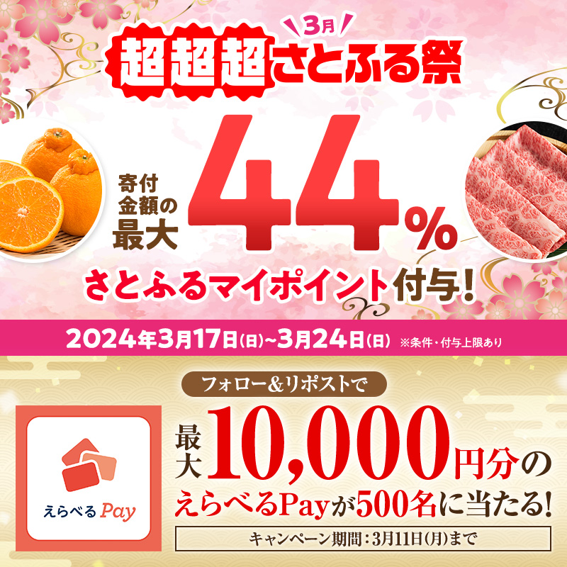 ／ #超超超さとふる祭 開催記念キャンペーン㊗ ＼ フォロー＆リポストで 最大1万円分のえらべるPayが 合計500名様に当たる🎁 ▼参加方法 ① @satofull_promo をフォロー ②本投稿をリポスト ③結果はこちら👇 x.rakusta.net/r/b6d63070-948… 3/11(月)23:59まで #さとふる #ふるさと納税