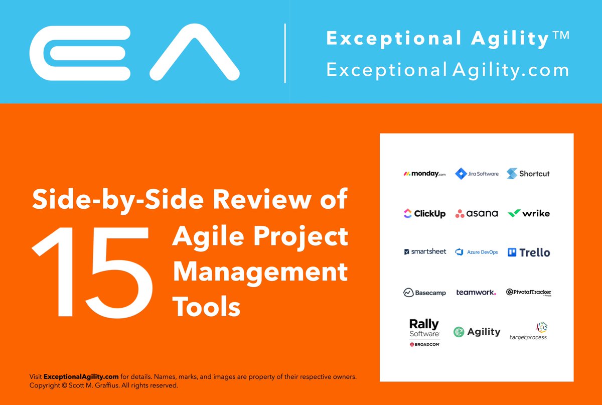 Side-by-Side Review of 15 Agile Tools ⏐ From ExceptionalAgility.com: exceptionalagility.com/blog/files/15-… ⏐ #Agile #ProjectManagement #MondayDotCom #Jira #Shortcut #ClickUp #Asana #Wrike #Smartsheet #Azure #Trello #Basecamp #Teamwork #PivotalTracker #Rally #DigitalAIAgility #Targetprocess
