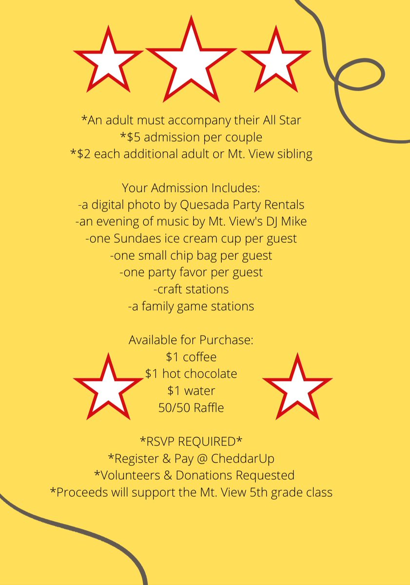 🗓️SAVE THE DATE 🎉 

Calling all MV Boys and their special guests for a night of dancing, music, refreshments and fun! RSVP for each student via cheddar link below

mountain-view-boys-dance.cheddarup.com

Volunteers needed to help❤️🖤💛
m.signupgenius.com/#!/showSignUp/…