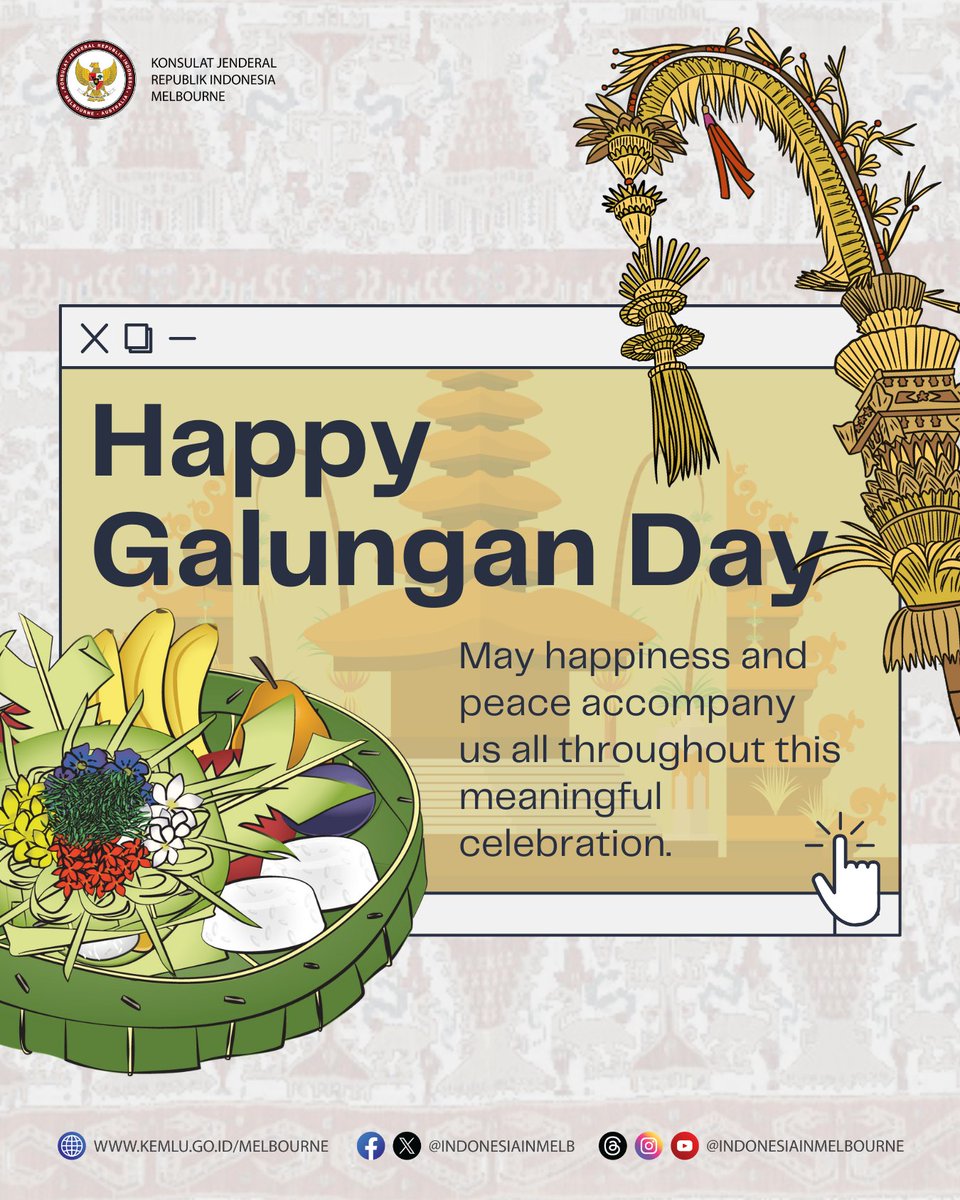 🎉 Happy Galungan Day! Let’s embrace the vibrant spirit of this auspicious occasion, filled with traditions, togetherness, and blessings. Wishing everyone a day brimming with laughter, love, and cherished moments. Happy Galungan! 🌺✨ #SobatKJRI #GalunganDay #inidiplomasi