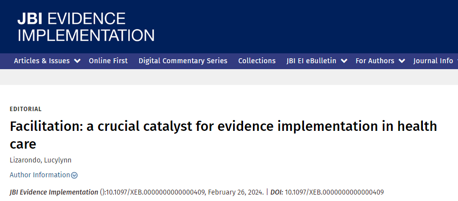JBI_EI's tweet photo. A new editorial from @JBI_EI
#JBIPACES
We're pleased to feature Dr. @lucylizarondo20 again with her latest editorial. This time, she discusses the complexities of facilitation as it applies to quality improvement in a clinical setting.
Don't miss it – https://t.co/YRFpbGztqh https://t.co/qDm3rsZlP8