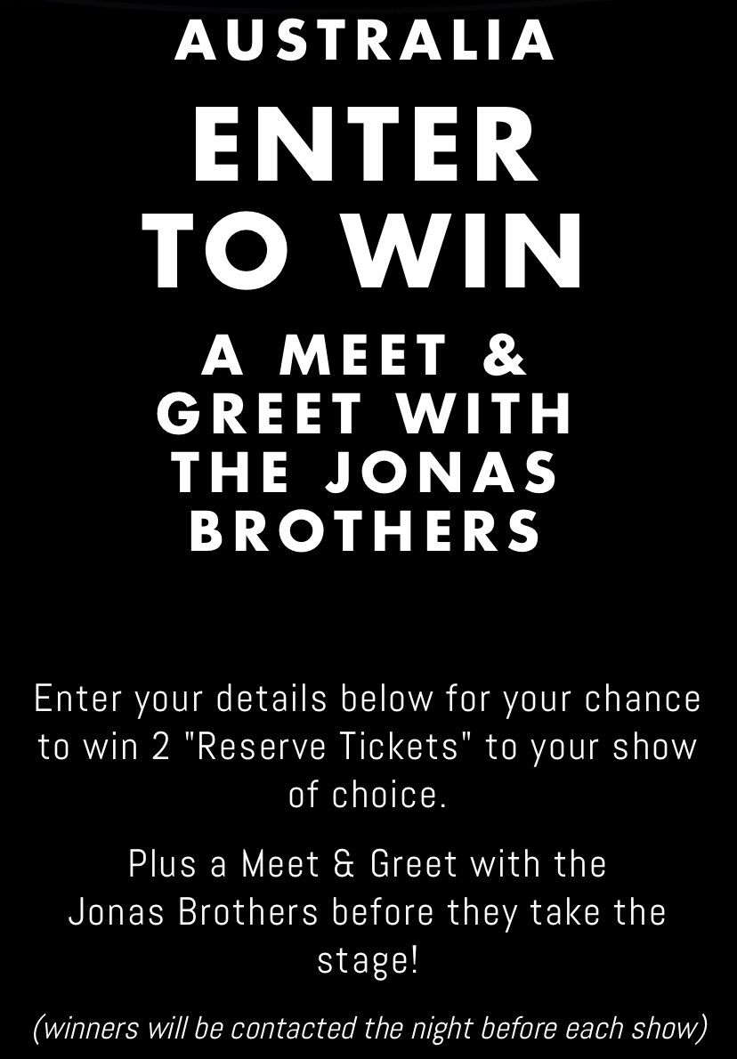 jonasbrothersec's tweet photo. #Dato Los jonas harán M&amp;G en los shows de Australia, para poder concursar lxs fans deben registrarse en la página oficial de la banda, solo serán dos tickets por cada show y el ganador se anunciará horas antes de que inicie la misma. https://t.co/Za6Jv4jFLn