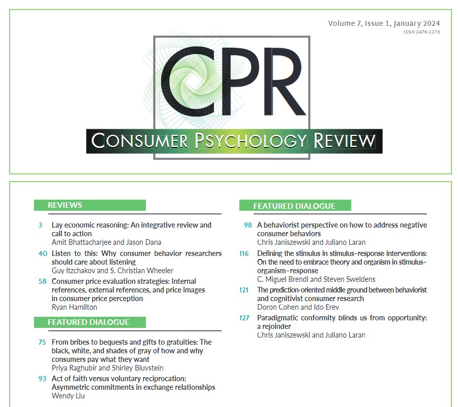 The 2024 issue of Consumer Psychology Review is now live and appears here: tinyurl.com/y46bha6y We're particularly pleased by the excellent quality of the articles and expect they will serve as a valuable resource for our field David Gal & Itamar Simonson Co-Editors-in-Chief