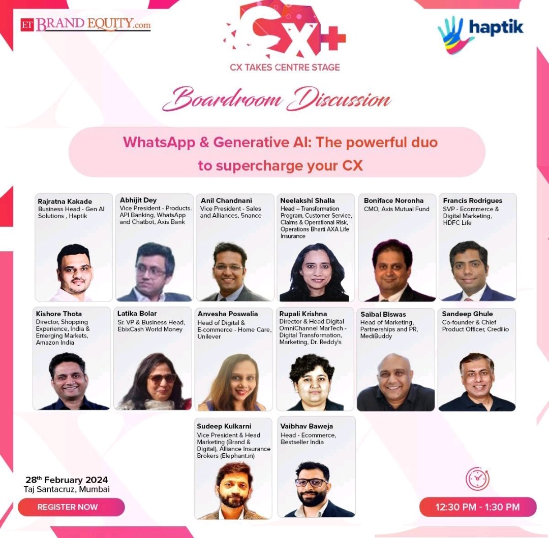 rupalikd's tweet image. Which use cases yielding the most significant impact when employing #GenerativeAI for customer experience? 

ETBrandEquity CX+ Boardroom Discussion #WhatsApp &amp;amp; #GenAI Powerful Duo Supercharge #CustomerExperience 
Taj Santacruz, Mumbai Feb 28 #DataDriven #ArtificialIntelligence
