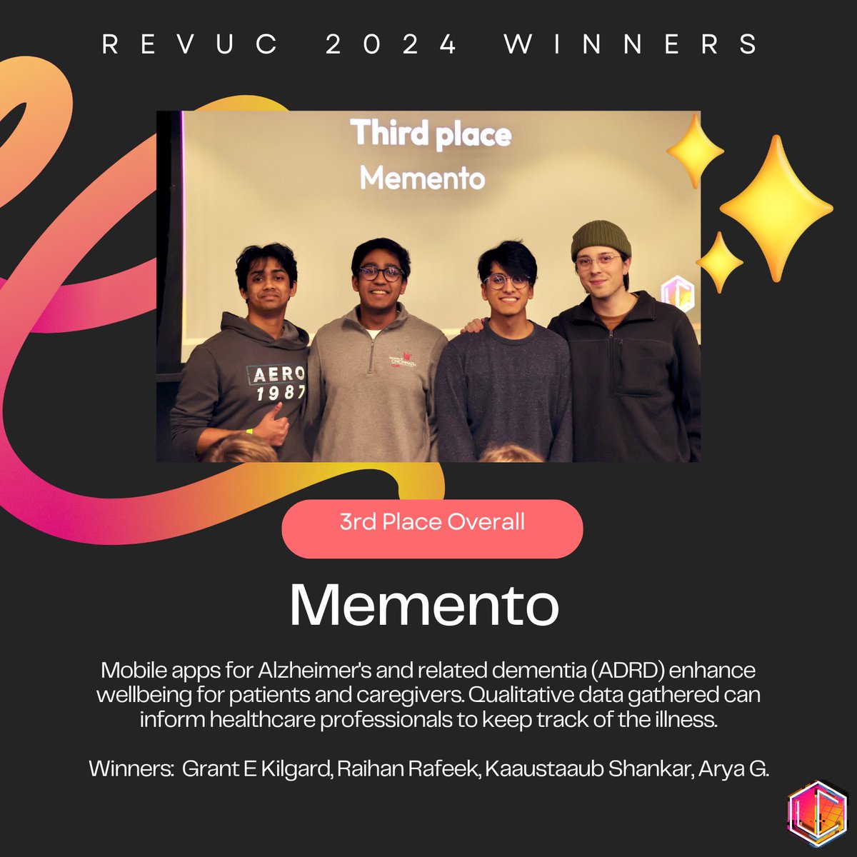 Here are your 2024 champions of innovation 🏆✨ Meet the winning teams and their revolutionary ideas! Congratulations to all the other winning categories as well! 👏

#revolutionuc #hackathon