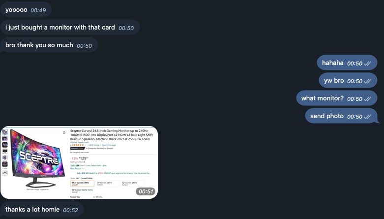Created a credit card with $300 using $TRSCT and shared it on my Telegram channel

One of the subscribers bought a monitor with it

The card works like a charm; I will probably give away more cards in the future