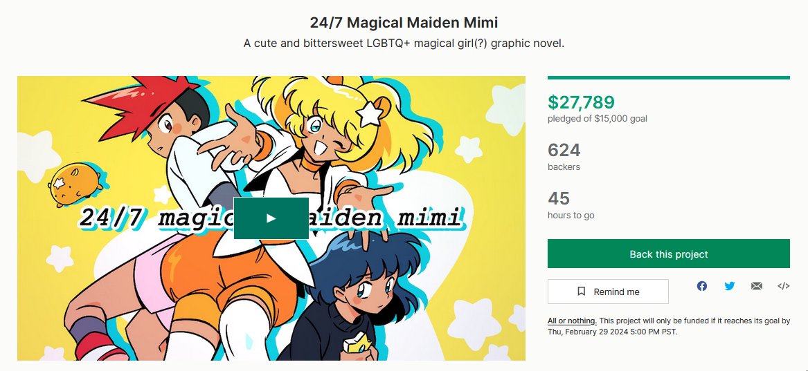 At $30K, the 24/7 MAGICAL MAIDEN MIMI graphic novel gets a full-color illustration gallery featuring super cute drawings of the characters...and with 45 hours left, we might have just enough time to make it! Thanks for your support and reposts! 💛 ▶️ kck.st/42qeQEU