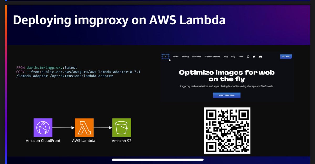 This is @imgproxy_net at @AWSreInvent 2023 in the presentation by AWS team @sunhua and @BettyZheng78 . Thank you 💙. Folks, we bring you *the best* and make it easy to run on AWS Lambda. And we make it open source 😼. Try imgproxy!